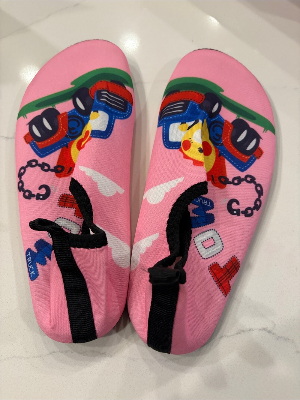 Kids Pink Water Shoes with Playful Truck Print